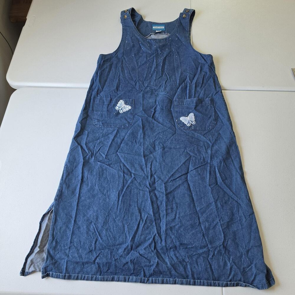 90s Lyn Wagner Dress Womens Small Blue Denim Overall Shift Butterfly Maxi Casual